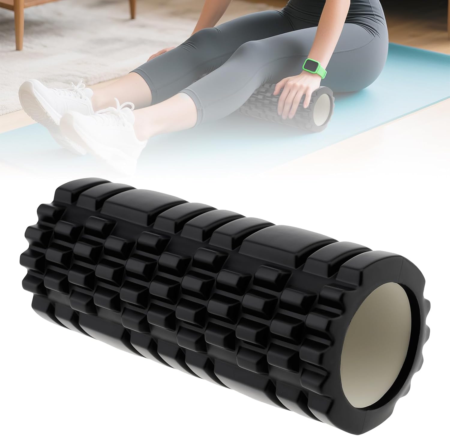 High Density EVA Foam Roller for Physical Therapy, Yoga & Pilates - Muscle Recovery, Deep Tissue Massage, Myofascial Release with Portable Mesh Bag（Black）