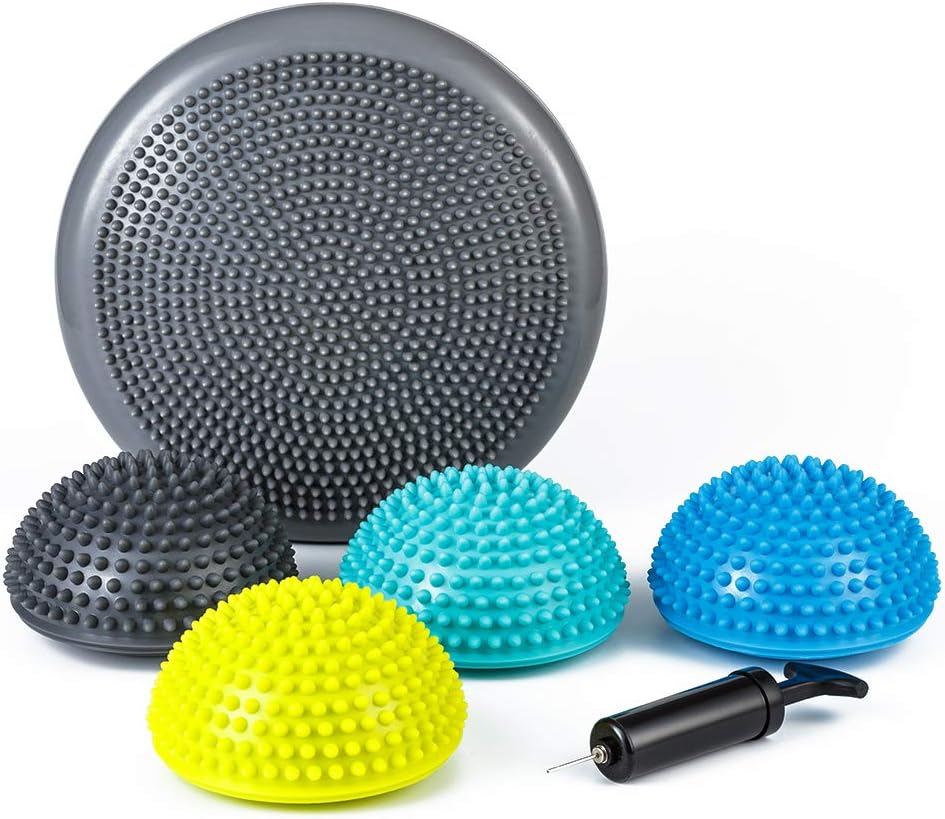 Balance Pods with Hand Pump, Stability Balance Trainer Dots Plus Large Balance Pad, Core Body Balancing, Inflatable Stepping Pads, Sensory Wiggle Seats for Kids (Set of 5)