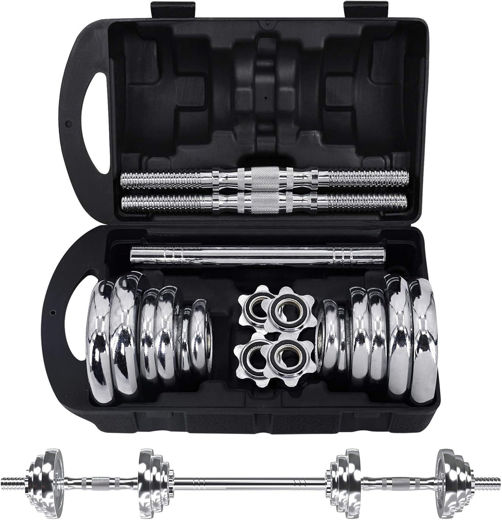 Fitness Dumbbells Set, Adjustable Weight Sets up to 11/22/44/66/110 lbs, with Metal Connecting Rod Used As Barbell, Chromed Weights, Hardcover Gift Box, Home Gym Work Out Training Equipment