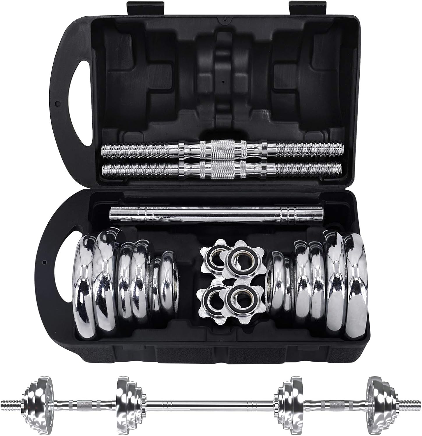 Fitness Dumbbells Set, Adjustable Weight Sets up to 11/22/44/66/110 lbs, with Metal Connecting Rod Used As Barbell, Chromed Weights, Hardcover Gift Box, Home Gym Work Out Training Equipment