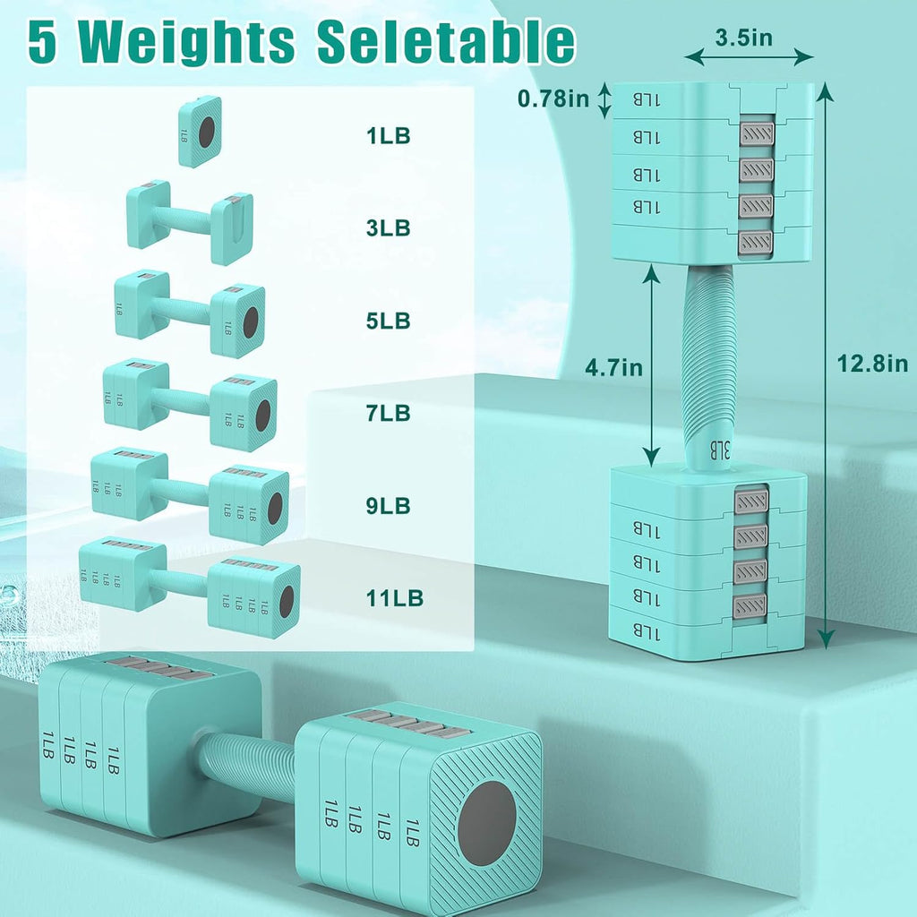 Adjustable Dumbbells Set of 2, 5-in-1 Adjustable Weight Dumbbells for Women/Men, 3lb/5lb/7lb/9lb/11lb Dumbbell Weights Set for Home Gym Workout