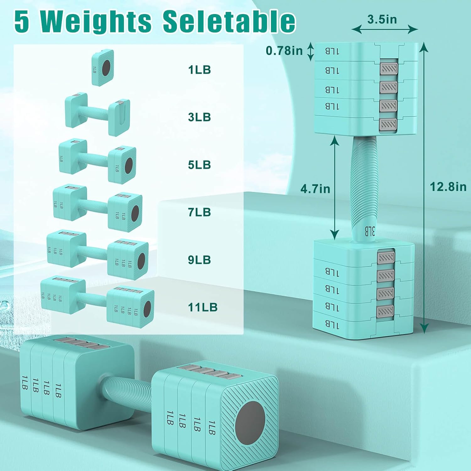 Adjustable Dumbbells Set of 2, 5-in-1 Adjustable Weight Dumbbells for Women/Men, 3lb/5lb/7lb/9lb/11lb Dumbbell Weights Set for Home Gym Workout