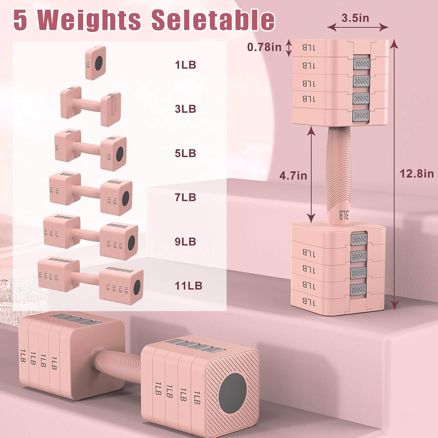Adjustable Dumbbells Set of 2, 5-in-1 Adjustable Weight Dumbbells for Women/Men, 3lb/5lb/7lb/9lb/11lb Dumbbell Weights Set for Home Gym Workout