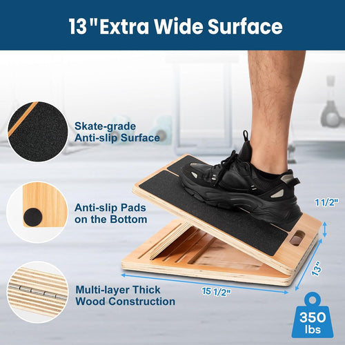 13” Wide Portable Wooden Slant Board, 5-Level Incline (15°-35°), Lower Grip Handle, Beginner & Rehab Friendly, Non-Slip Surface for Calf Stretching, Squats, Physical Therapy